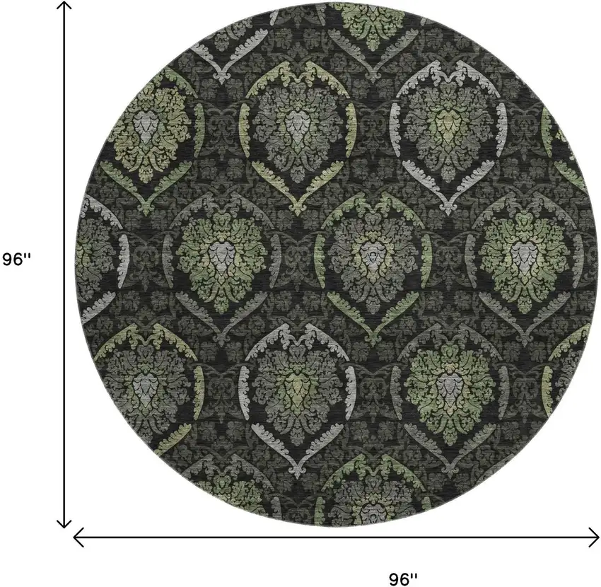8' Green And Charcoal Medallion Washable Round Rug With UV Protection Photo 9