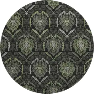 Photo of 8' Green And Charcoal Medallion Washable Round Rug With UV Protection