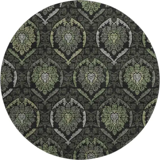 8' Green And Charcoal Medallion Washable Round Rug With UV Protection Photo 1