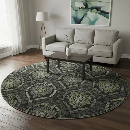 8' Green And Charcoal Medallion Washable Round Rug With UV Protection Photo 2