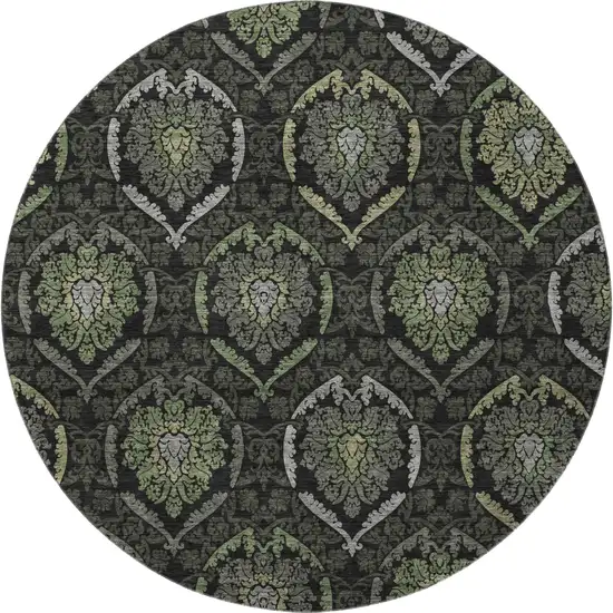8' Green And Charcoal Medallion Washable Round Rug With UV Protection Photo 3