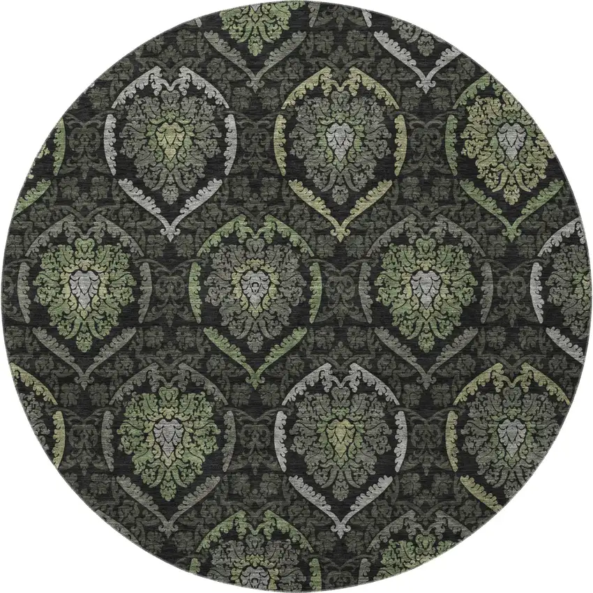 8' Green And Charcoal Medallion Washable Round Rug With UV Protection Photo 3