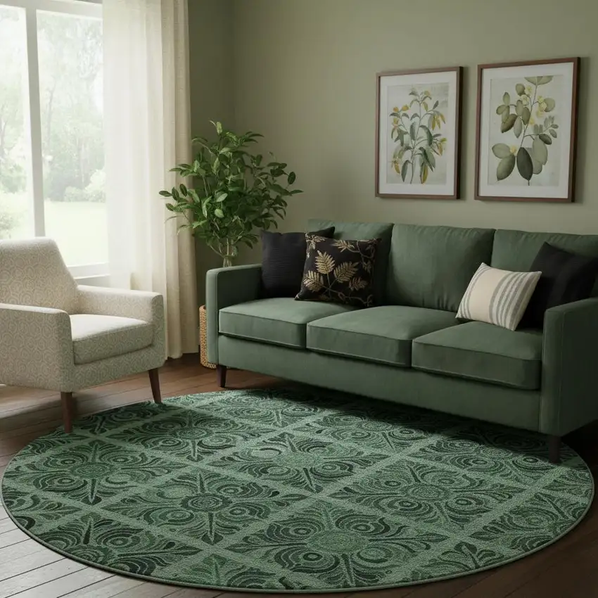 8' Green And Charcoal Medallion Washable Round Rug With UV Protection Photo 1
