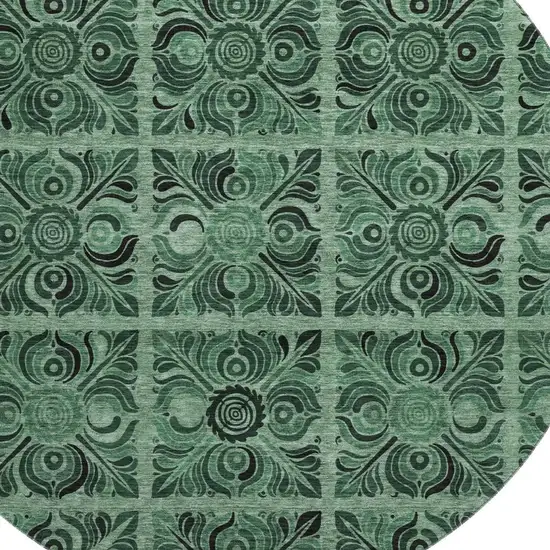 8' Green And Charcoal Medallion Washable Round Rug With UV Protection Photo 3