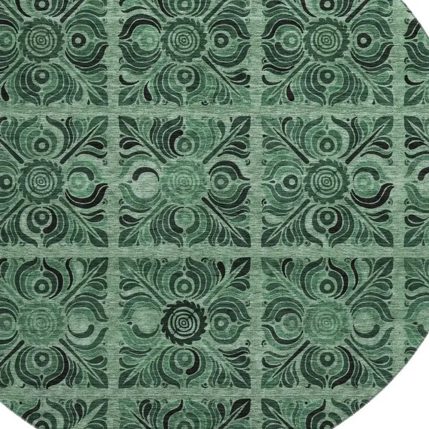8' Green And Charcoal Medallion Washable Round Rug With UV Protection Photo 3