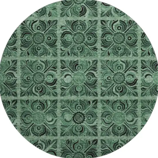8' Green And Charcoal Medallion Washable Round Rug With UV Protection Photo 4