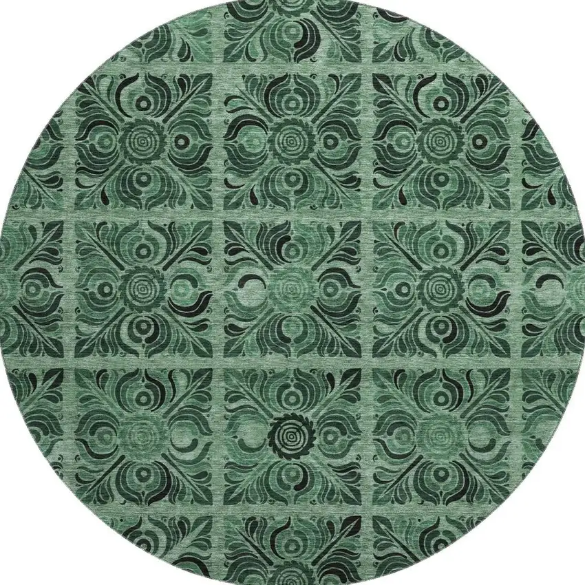 8' Green And Charcoal Medallion Washable Round Rug With UV Protection Photo 4