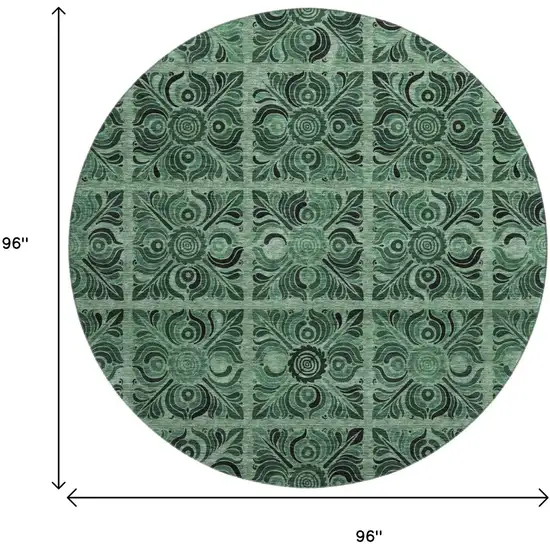 8' Green And Charcoal Medallion Washable Round Rug With UV Protection Photo 3