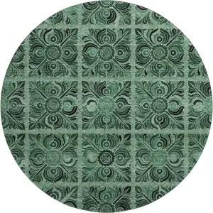Photo of 8' Green And Charcoal Medallion Washable Round Rug With UV Protection