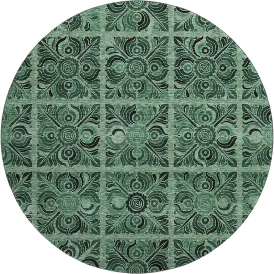 8' Green And Charcoal Medallion Washable Round Rug With UV Protection Photo 1