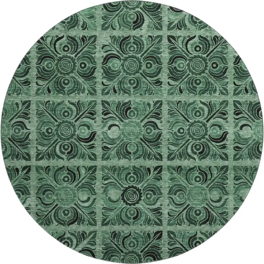 8' Green And Charcoal Medallion Washable Round Rug With UV Protection Photo 1