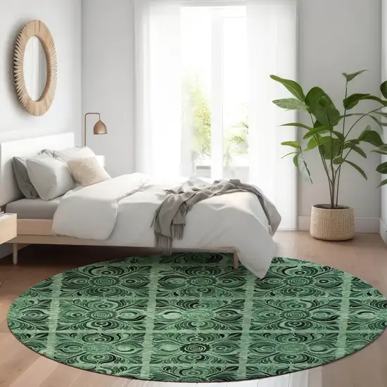 8' Green And Charcoal Medallion Washable Round Rug With UV Protection Photo 5