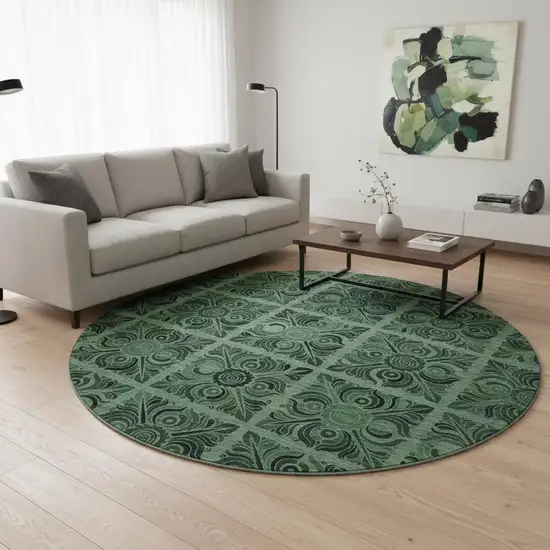 8' Green And Charcoal Medallion Washable Round Rug With UV Protection Photo 2
