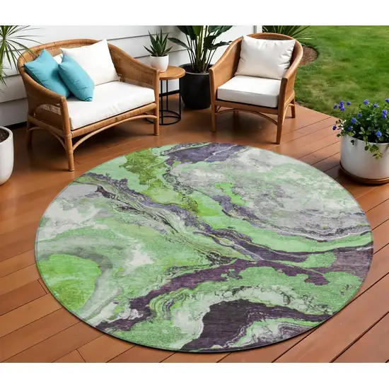 8' Green And Charcoal Round Abstract Washable Indoor Outdoor Area Rug Photo 2