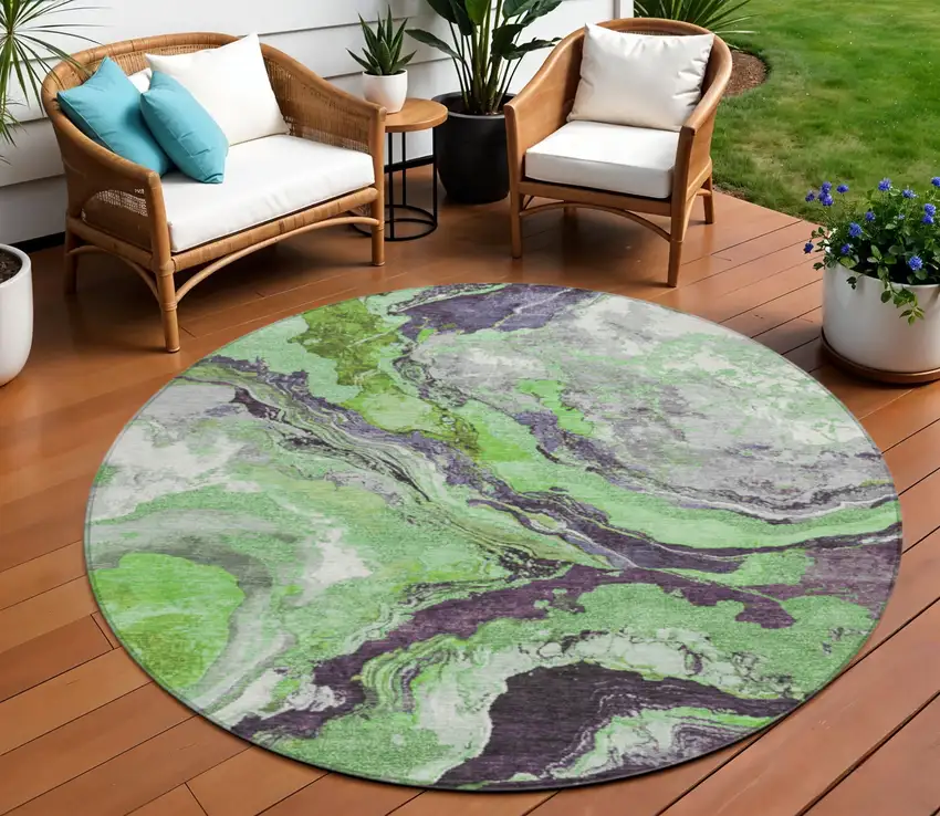 8' Green And Charcoal Round Abstract Washable Indoor Outdoor Area Rug Photo 2