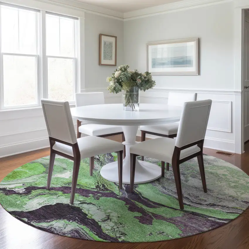 8' Green And Charcoal Round Abstract Washable Indoor Outdoor Area Rug Photo 6