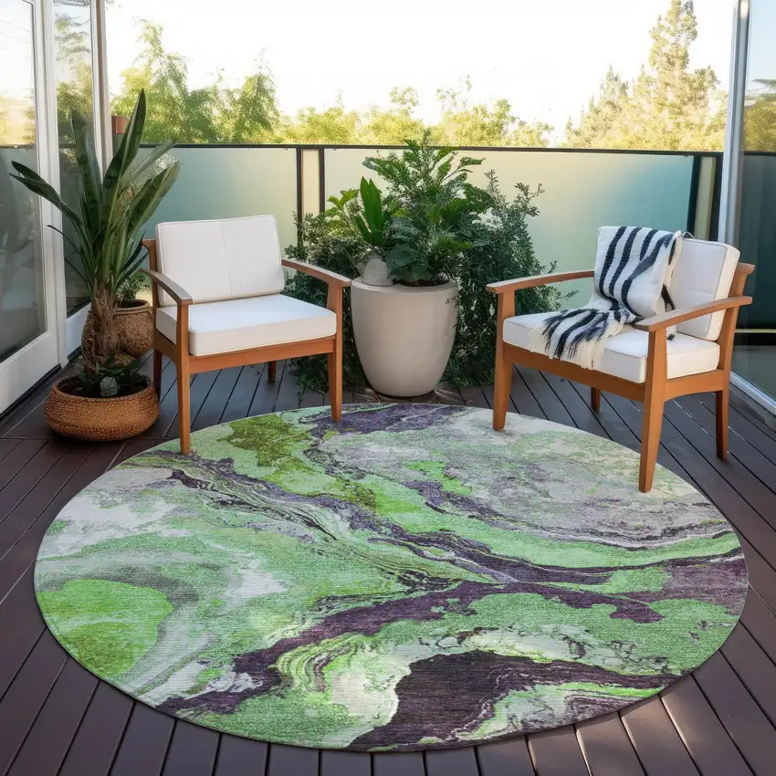 8' Green And Charcoal Round Abstract Washable Indoor Outdoor Area Rug Photo 5
