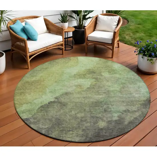 8' Green And Charcoal Round Abstract Washable Indoor Outdoor Area Rug Photo 2