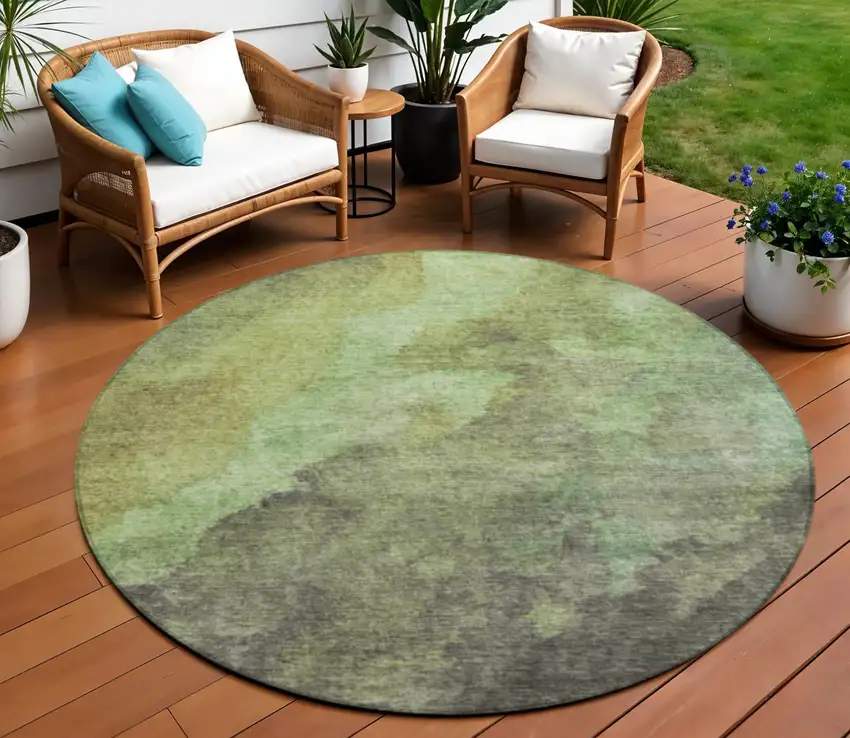 8' Green And Charcoal Round Abstract Washable Indoor Outdoor Area Rug Photo 2