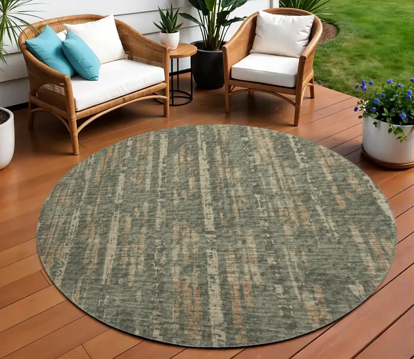 8' Green And Charcoal Round Abstract Washable Indoor Outdoor Area Rug Photo 1