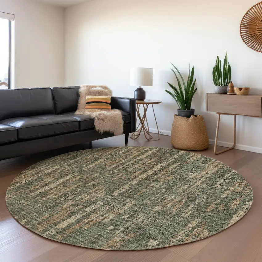 8' Green And Charcoal Round Abstract Washable Indoor Outdoor Area Rug Photo 7