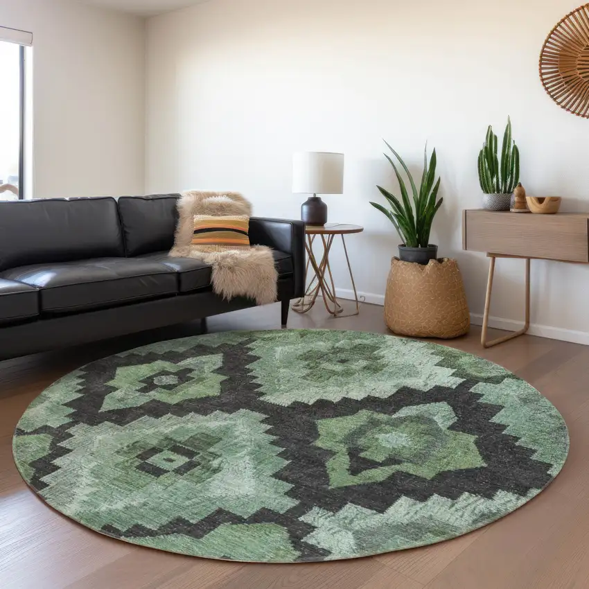 8' Green And Charcoal Round Aztec Washable Indoor Outdoor Area Rug Photo 6
