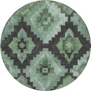 Photo of 8' Green And Charcoal Round Aztec Washable Indoor Outdoor Area Rug