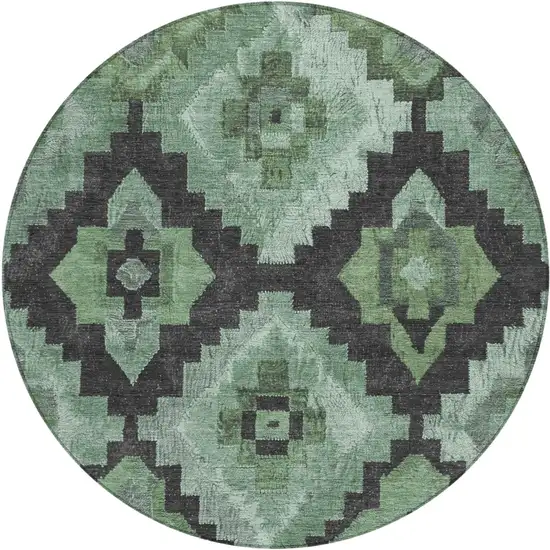 8' Green And Charcoal Round Aztec Washable Indoor Outdoor Area Rug Photo 1
