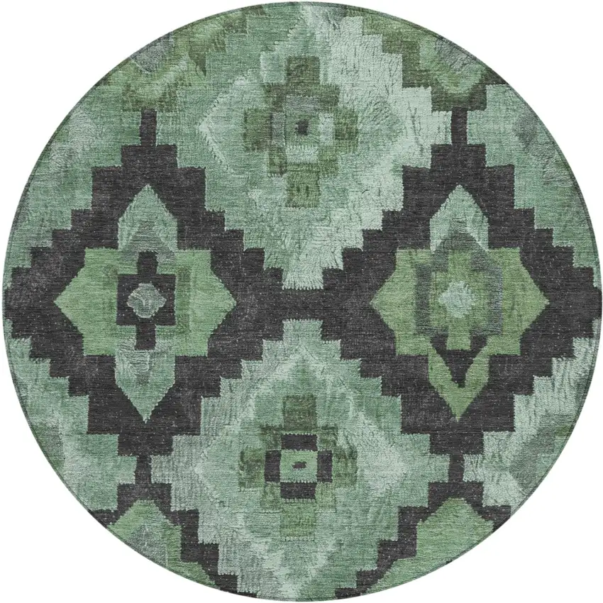 8' Green And Charcoal Round Aztec Washable Indoor Outdoor Area Rug Photo 1