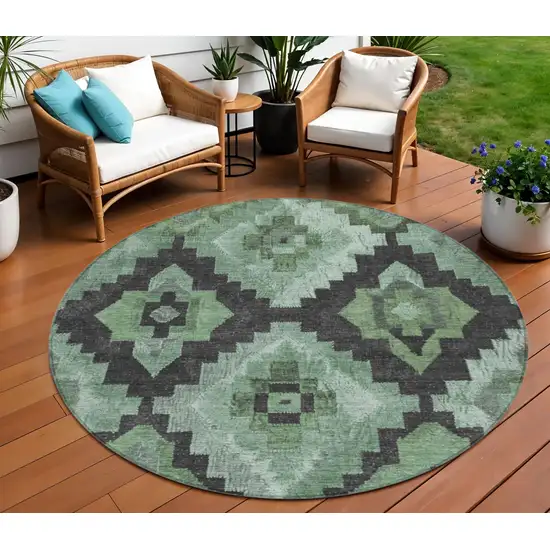 8' Green And Charcoal Round Aztec Washable Indoor Outdoor Area Rug Photo 2