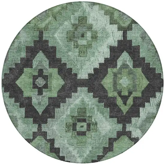 8' Green And Charcoal Round Aztec Washable Indoor Outdoor Area Rug Photo 3