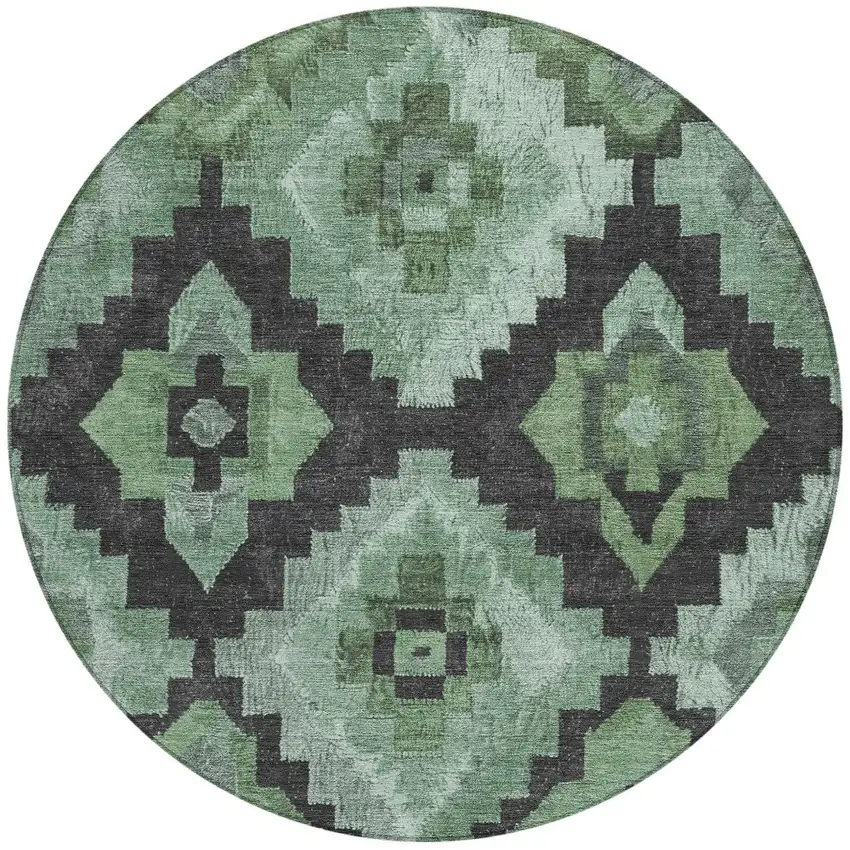 8' Green And Charcoal Round Aztec Washable Indoor Outdoor Area Rug Photo 3