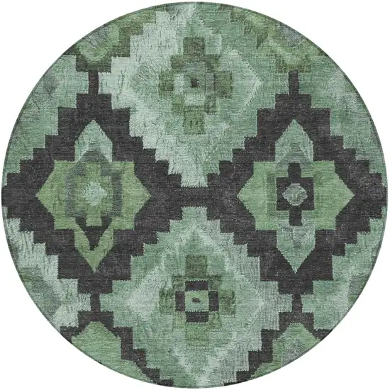 8' Green And Charcoal Round Aztec Washable Indoor Outdoor Area Rug Photo 4