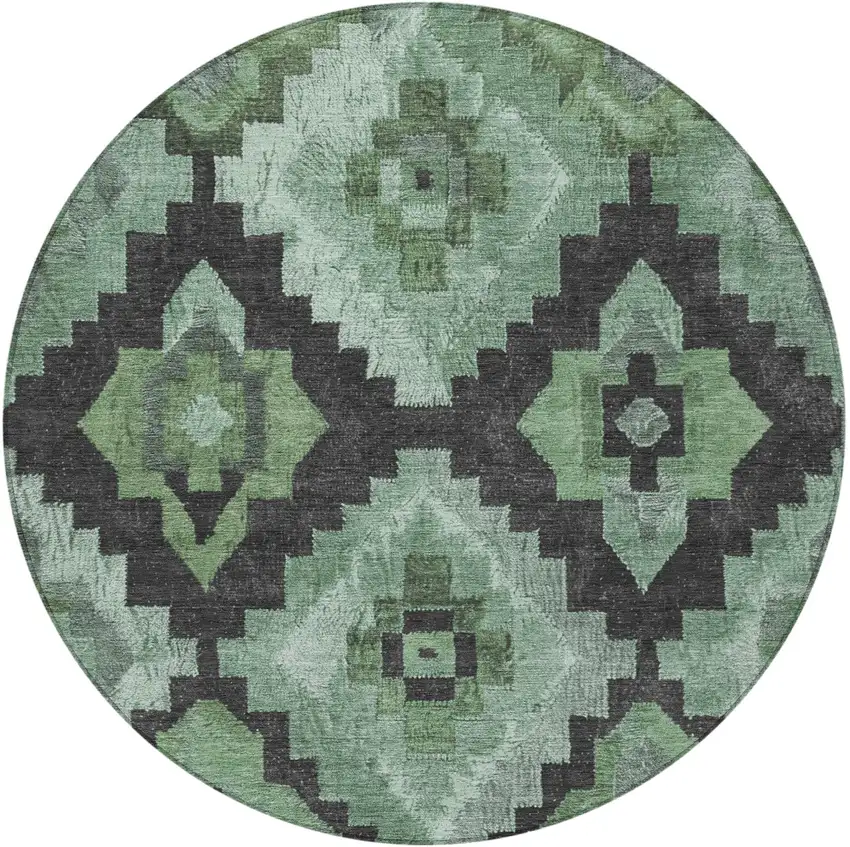 8' Green And Charcoal Round Aztec Washable Indoor Outdoor Area Rug Photo 4