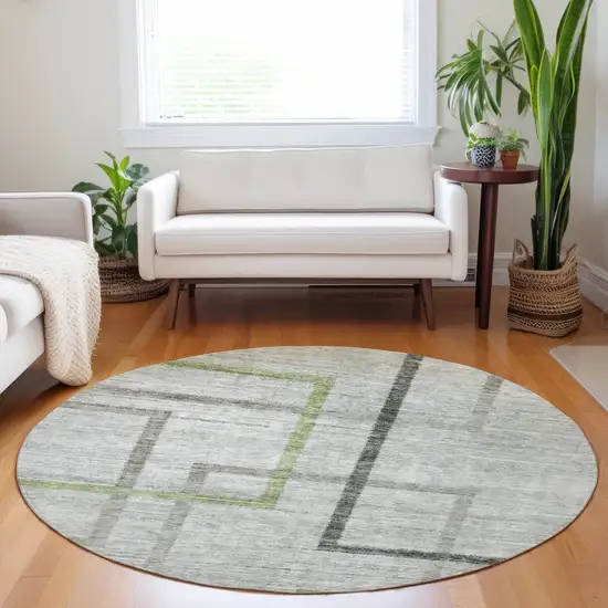 8' Green And Charcoal Round Geometric Washable Indoor Outdoor Area Rug Photo 8