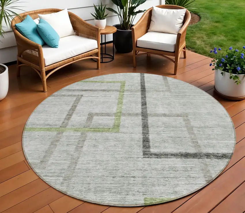 8' Green And Charcoal Round Geometric Washable Indoor Outdoor Area Rug Photo 1
