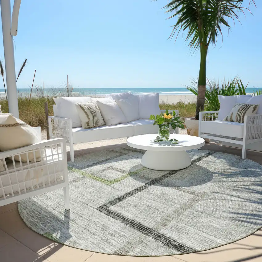 8' Green And Charcoal Round Geometric Washable Indoor Outdoor Area Rug Photo 7