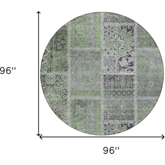 8' Green And Charcoal Round Patchwork Washable Indoor Outdoor Area Rug Photo 6