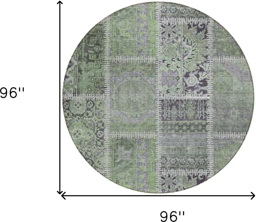 8' Green And Charcoal Round Patchwork Washable Indoor Outdoor Area Rug Photo 6