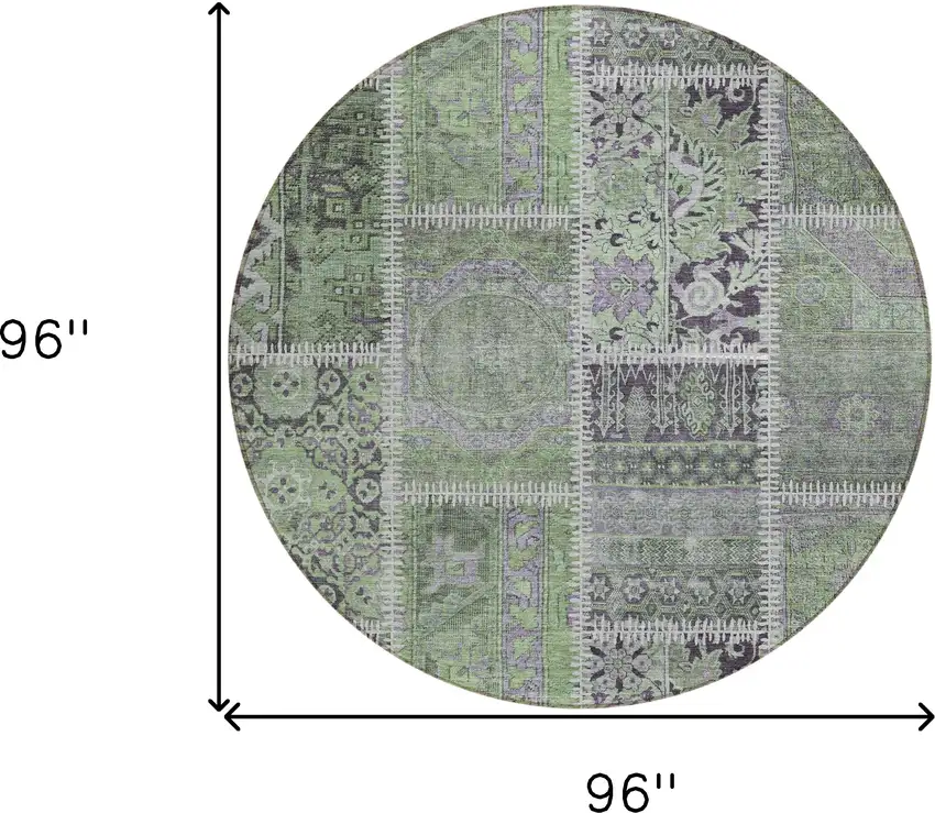 8' Green And Charcoal Round Patchwork Washable Indoor Outdoor Area Rug Photo 6