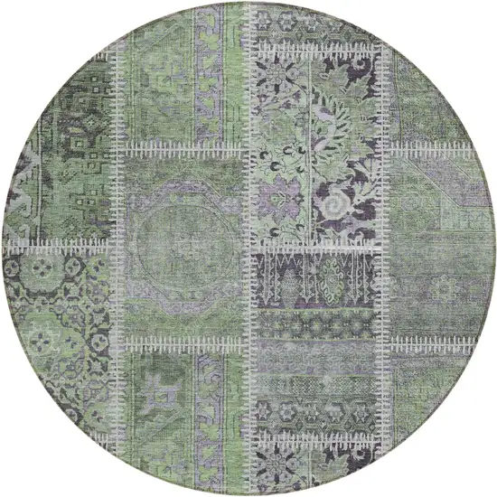 8' Green And Charcoal Round Patchwork Washable Indoor Outdoor Area Rug Photo 1