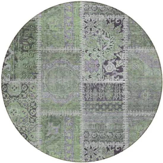 8' Green And Charcoal Round Patchwork Washable Indoor Outdoor Area Rug Photo 1