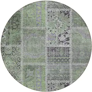 Photo of 8' Green And Charcoal Round Patchwork Washable Indoor Outdoor Area Rug