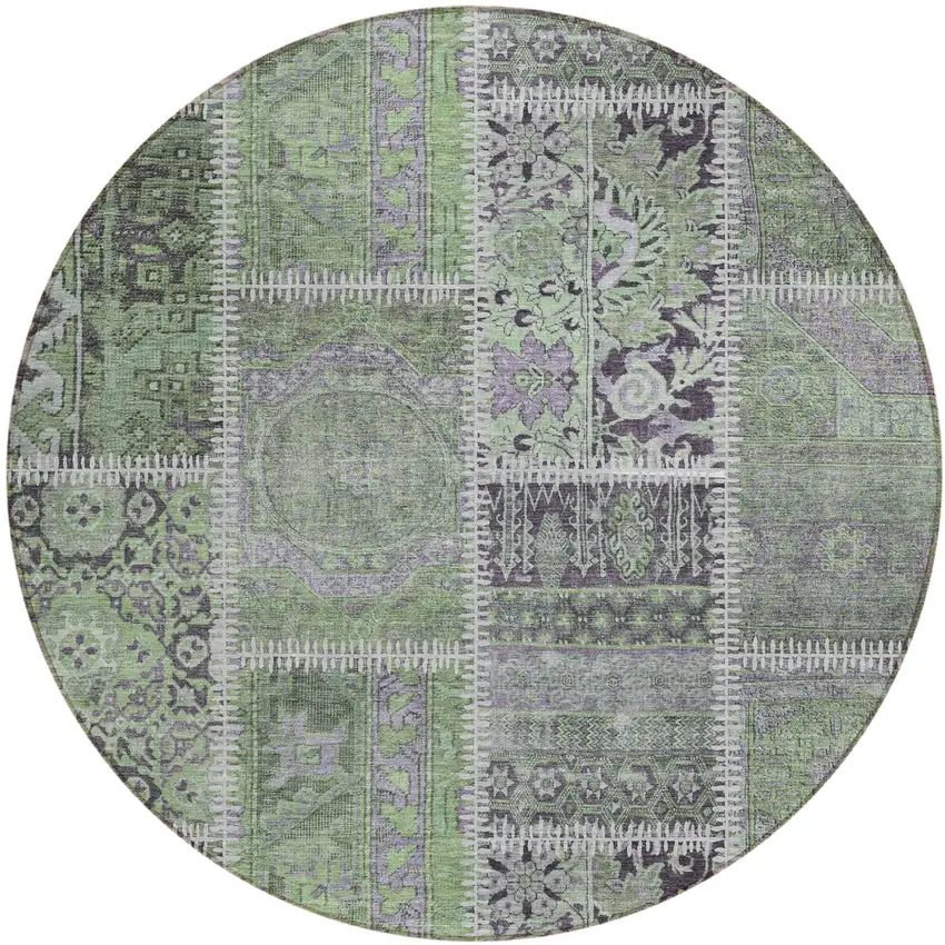 8' Green And Charcoal Round Patchwork Washable Indoor Outdoor Area Rug Photo 1