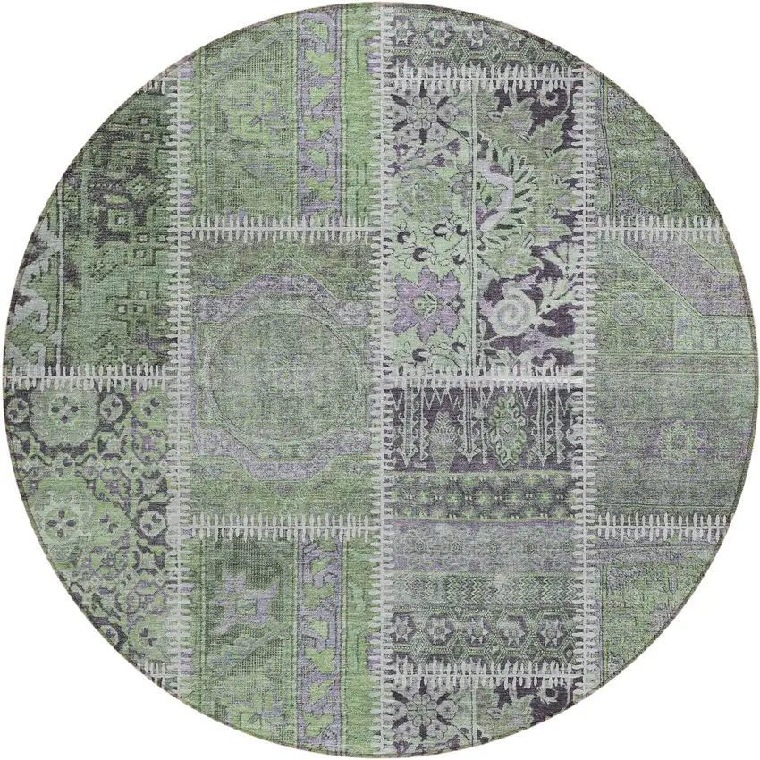 8' Green And Charcoal Round Patchwork Washable Indoor Outdoor Area Rug Photo 1