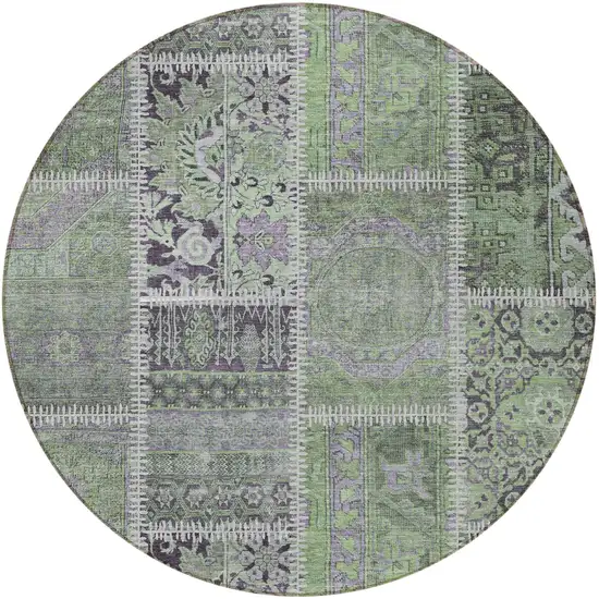 8' Green And Charcoal Round Patchwork Washable Indoor Outdoor Area Rug Photo 3