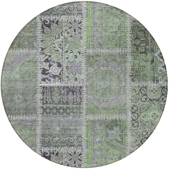 8' Green And Charcoal Round Patchwork Washable Indoor Outdoor Area Rug Photo 3