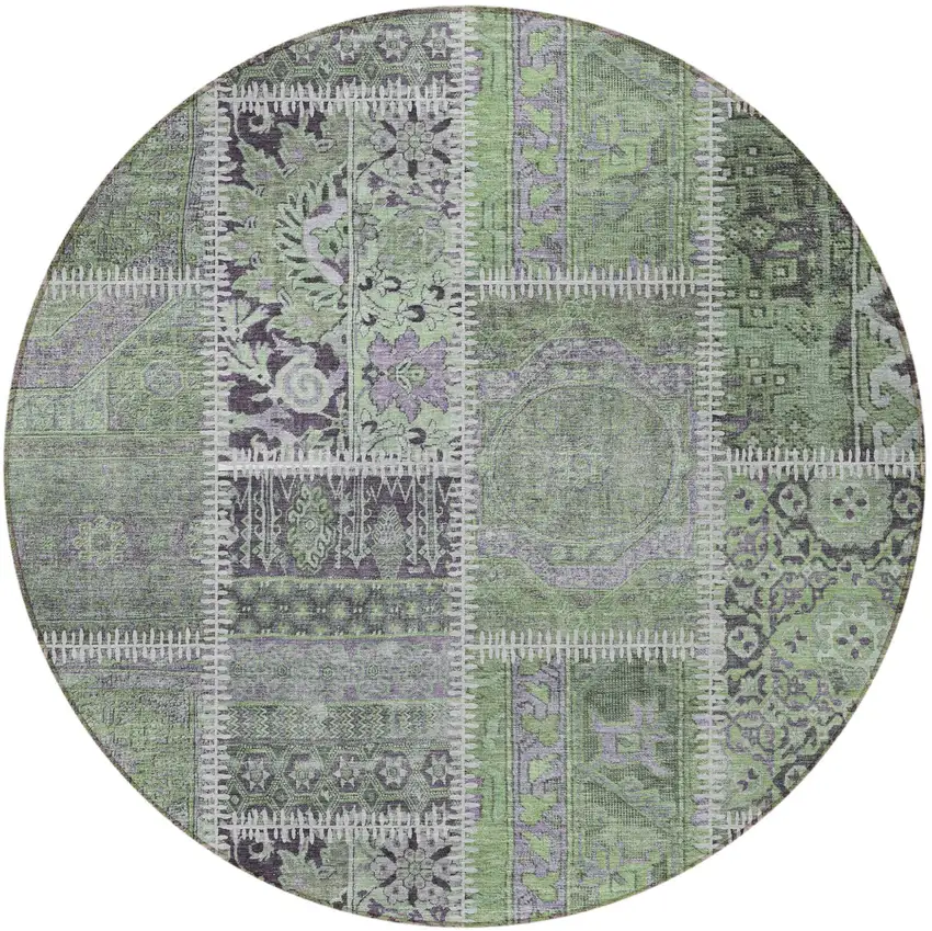 8' Green And Charcoal Round Patchwork Washable Indoor Outdoor Area Rug Photo 3