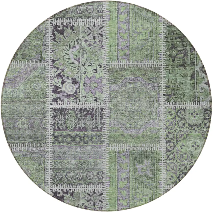 8' Green And Charcoal Round Patchwork Washable Indoor Outdoor Area Rug Photo 3
