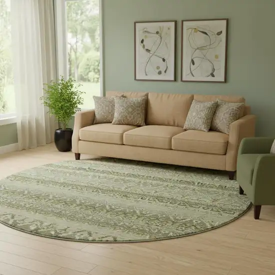 8' Green And Charcoal Striped Washable Round Rug With UV Protection Photo 2